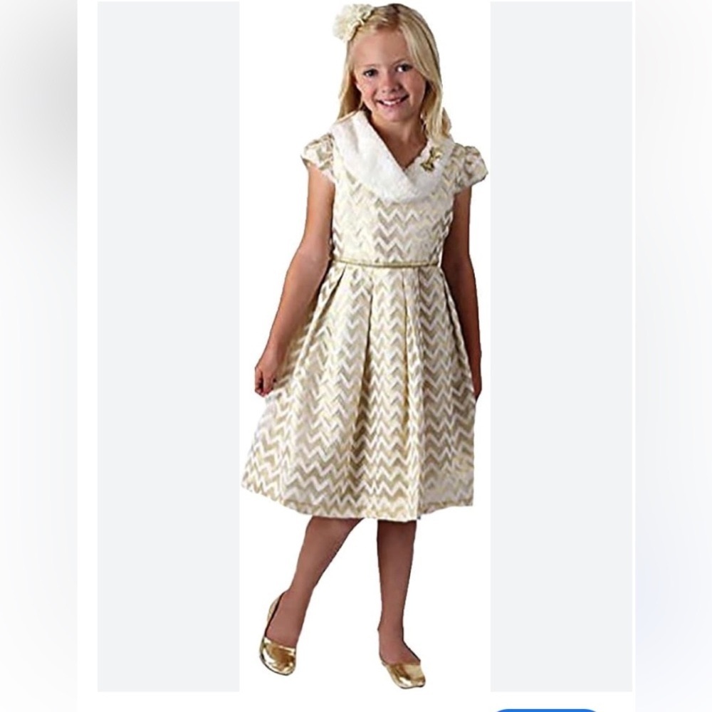 Jona Michelle Ivory/Gold Chevron Holiday Winter Dress with Faux Fur Accent